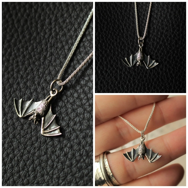 Sterling Silver Bat Necklace. Bat Jewelry, Fruit Bat, Vampire Bat, Flying Fox, Halloween Jewelry, Gothic Necklace