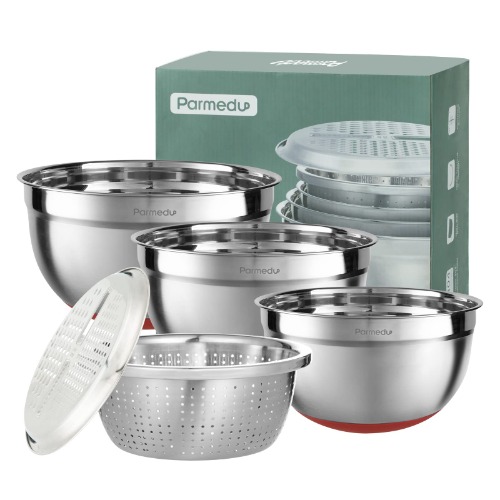 Parmedu 5-in-1 Multifunction Large 304 Stainless Steel Mixing Bowl Set, 3 Deep Nesting Salad Bowls Size 4QT, 3QT, 2.5QT & Colander & Grater, Model CK001 - CK001