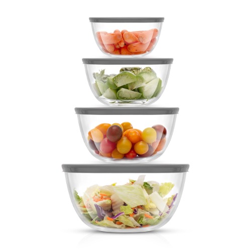 JoyJolt Kitchen Mixing Bowls - 8pc Glass Bowls with Lids Set – Neat Nesting Bowls - Large Mixing Bowl Set Batter Bowl - Cooking Bowls - Storage Bowls with Lids and Big Salad Bowl with BPA-Free Lids - Gray