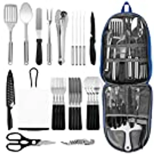 Portable Camping Kitchen Utensil Set, Stainless Steel Outdoor Cooking and Grilling Utensil Organizer Travel Set Perfect for Travel, Picnics, RVs, Camping, BBQs, Parties and More (9Pcs or 27Pcs)