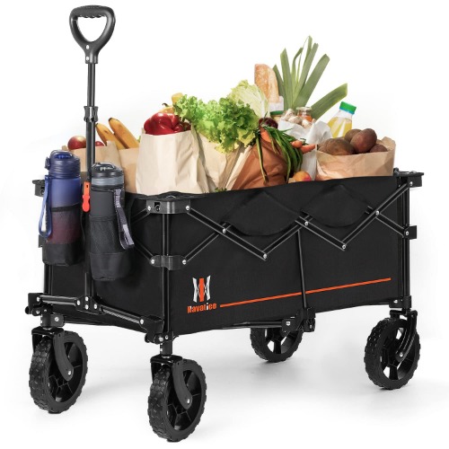 Navatiee Collapsible Folding Wagon, Wagon Cart Heavy Duty Foldable with Two Drink Holders, Utility Grocery Wagon for Camping Shopping Sports, S2 - Black