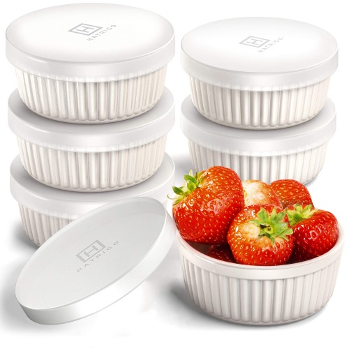 Hatrigo Porcelain Ramekins with Silicone Storage Lids, Set of 6 White Ramekins, 8 oz Oven Safe to 450 deg F, Dishwasher Safe - 8 ounce White