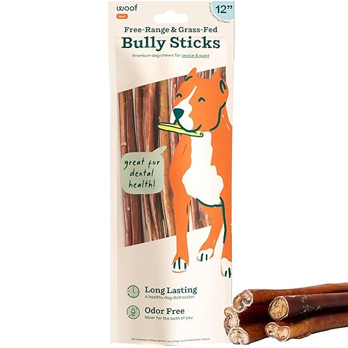 WOOF Bully Sticks Dog Treats - Chew Sticks for Dogs - Long-Lasting Dog Chew Treats - Dog Products Made with Free-Range, Grass-Fed Beef - 12" Sticks - 5pk - 12 Inch (Pack of 5)