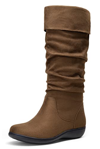 Vepose Women's Knee High Comfortable Boots Suede Slouch Flat Boots for Women - 10 - Slouch Suede Boots-942- Brown