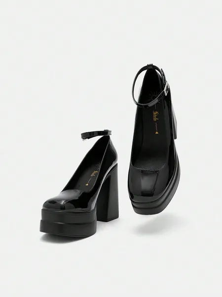 SHEIN MOD Elegantes zapatos negros de tacón con correa para el tobillo para mujer, zapatos de tacón grueso con plataforma y hebilla de diamantes de imitación, de piel sintética con patente decorativa, perfectos para vacaciones y rebajas de verano