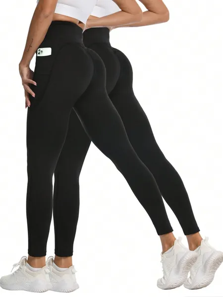 2 Piezas/set Leggings Deportivos Para Mujer Con Bolsillos Para Teléfono, Pantalones De Running De Fitness Yoga