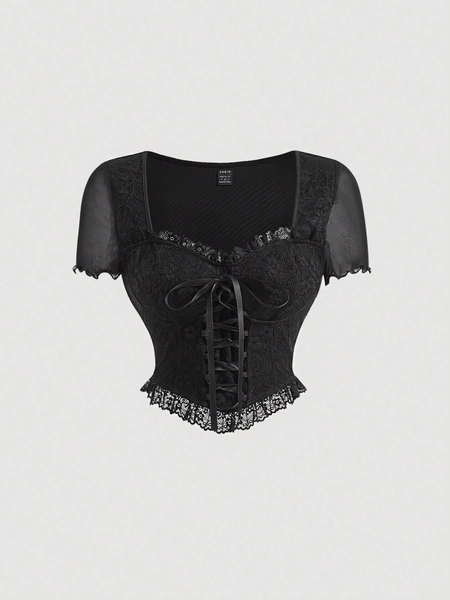 SHEIN MOD Camiseta con cordón con encaje en contraste