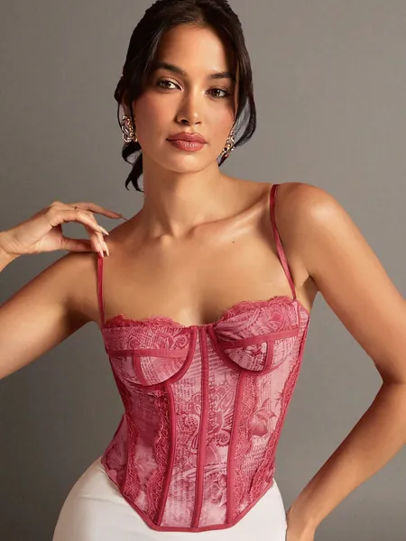 SHEIN BAE Corsé De Encaje Rojo Para Mujeres, Con Estampado Gráfico