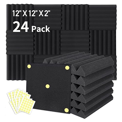 Focusound 24 Packs Acoustic Foam Panels 2" X 12" X 12", Soundproofing Foam Noise Cancelling Foam with 120 PCS Double-Side adhesive - 2" X 12" X 12" - 24 Pack Wedge