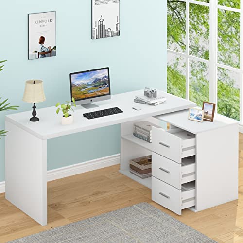 HSH White L Shaped Desk with Drawers Shelves, L Shaped Computer Desk with Storage Cabinet, Corner Home Office Desk for PC Executive Writing Study Work, Reversible Bedroom Wood Computer Table, 55 Inch - 55 Inch - White