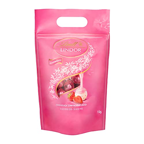 Lindt LINDOR Schokoladen| 1 kg Beutel, wiederverschließbar | ca. 80 Kugeln weiße Schokolade mit Erdbeer-Sahnecrème | Großpackung, Pralinen-Geschenk - Erdbeer-Sahne - Single