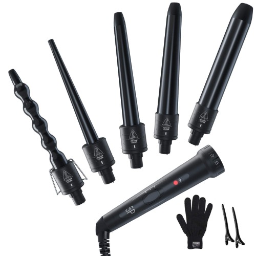 5 in 1 Curling Iron Wand Set, Ohuhu Upgrade Curling Wand 5Pcs 0.35 to 1.25 Inch Interchangeable Ceramic Barrel Heat Protective Glove, Dual Voltage Hair Curler Mother's Day Gifts Black - Black