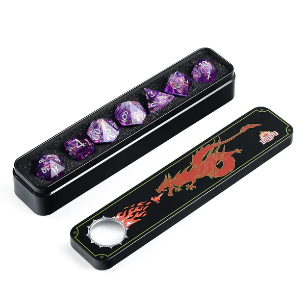 DNDND Sharp Edge Dice Set,Handmade 7 Piece DND Dice with Gift Case for DND Dungeons and Dragon Game (Purple with Silver Number) - Purple With Silver Num
