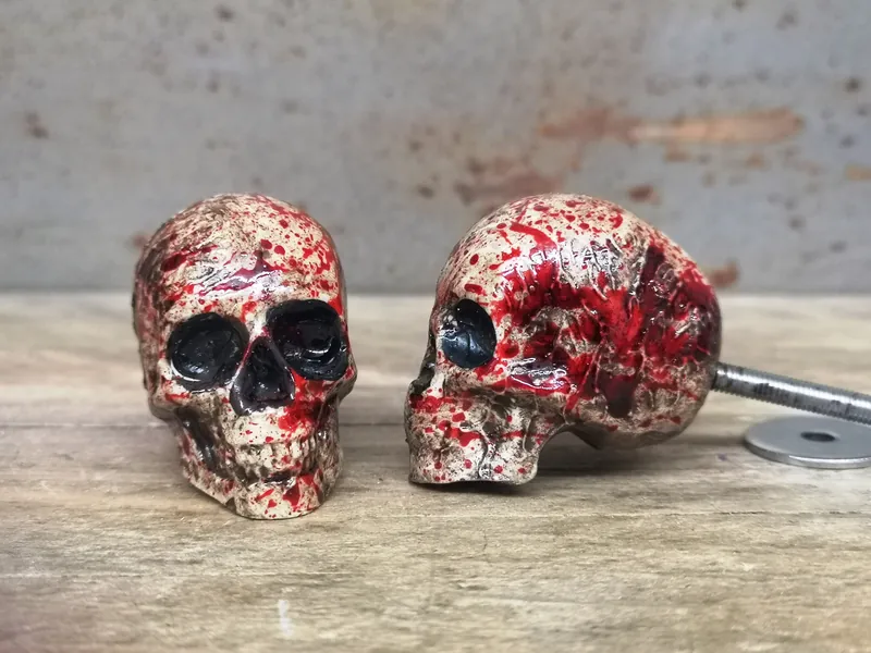 Blood Splatter Skull Knobs, Natural effect Skull Drawer Pulls