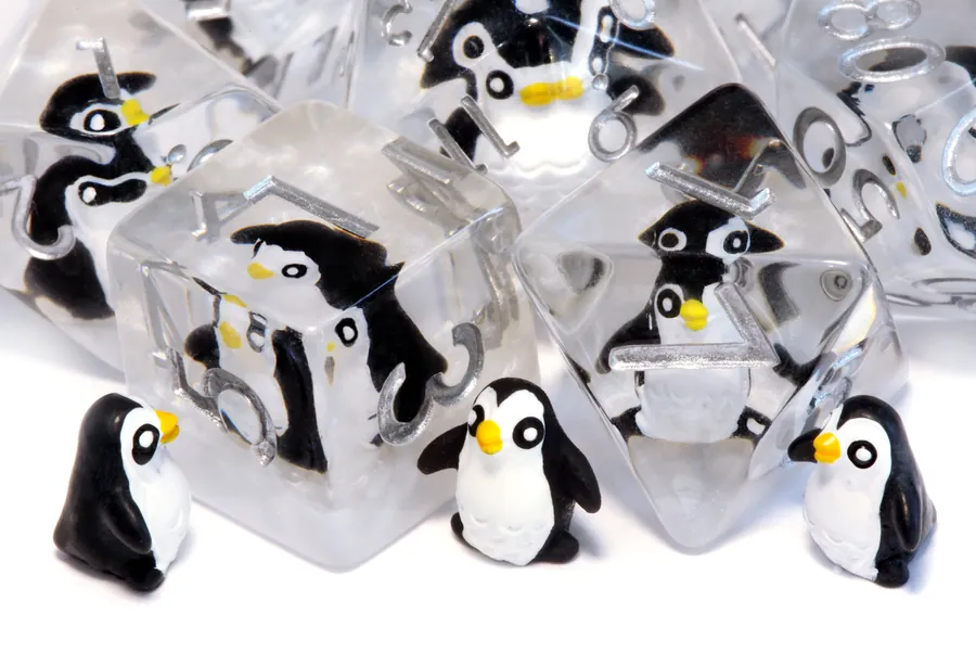 Penguin dice set -  set with Penguin on a white layer, Dice set Dungeons and Dragons, Pathfinder Role playing games, Dice set for DnD