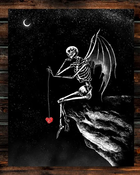 Skeleton swinging heart. Art Print. Skeleton, dark romance, demon, sorrow. Gothic home decor.