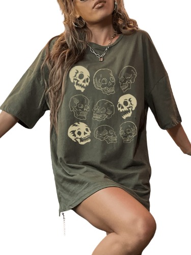 WDIRARA Women's Skull Print Half Sleeve Drop Shoulder Oversized Tee Casual T Shirts