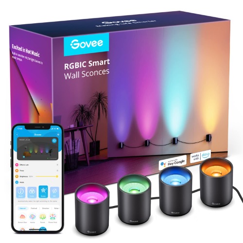 Govee RGBIC Smart Wall Sconces, Music Sync Home Decor WiFi Wall Lights Work with Alexa, Multicolor Wall Led Light for Party and Decor, 30+ Dynamic Scene Indoor Light Fixture for Living Room, Bedroom