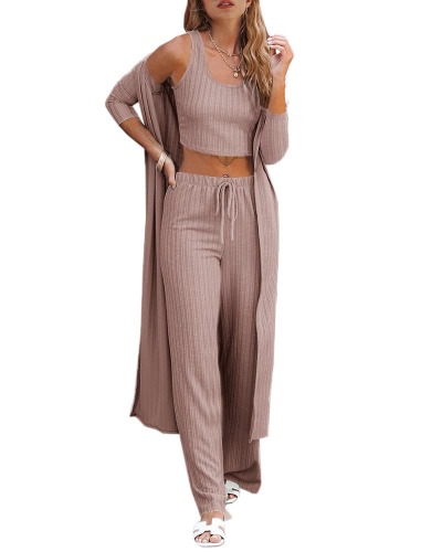 Womens Pajamas Set Fall Winter 3 Piece Loungewear Set Crop Vest Top Loose Pants and Cardigan Knitwear Jumpsuit Warm