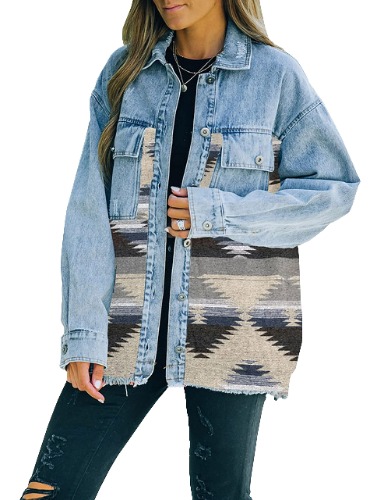 Lumister Women's Aztec Denim Jacket Distressed Lapel Long Sleeve Vintage Button Down Denim Jacket Shacket
