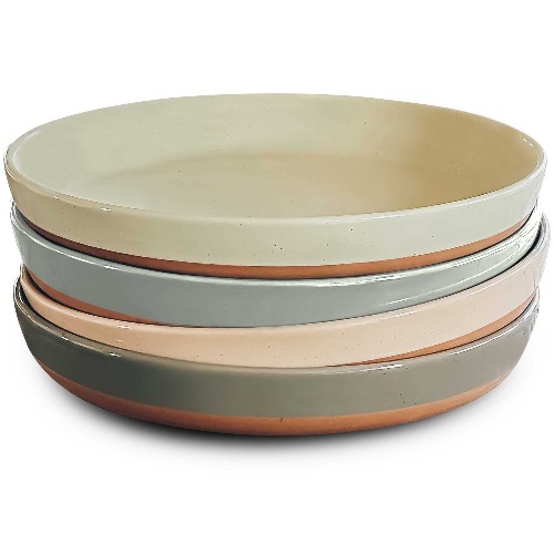 Mora Ceramic Flat Pasta Bowl Set of 4 - 35oz, Microwave Safe Plate with High Edge - Modern Porcelain Dinnerware for Kitchen and Eating, Large Wide Bowls/Plates for Serving Dinner, Salad, etc- Neutrals