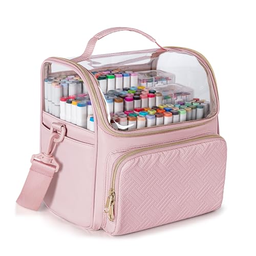 Rexmica Large Marker Organizer Case for 180 Markers, Marker Storage Bag for Markers, Paint Brushes, Colored Pencils or Other Art Supplies with Dividers and Shoulder Strap, Pink (Patented Design) - Pink