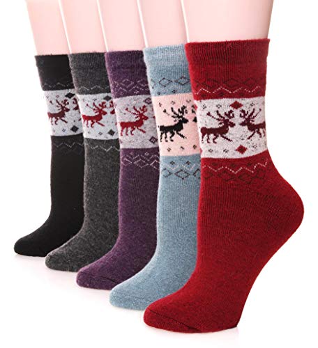 EBMORE 5 Pairs Womens Merino Wool Thermal Socks Winter Thick Warm Hiking Cozy Crew Comfy Boot Socks - One Size - Deers(5 Pairs)