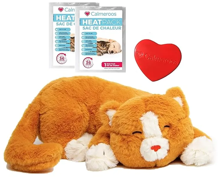 Calmeroos Cat Heartbeat Toys - Calming Separation Anxiety Relief Toys for Kittens - Heartbeat Simulator in a Soft Comforting Pillow Pet Plush - Orange Kitty