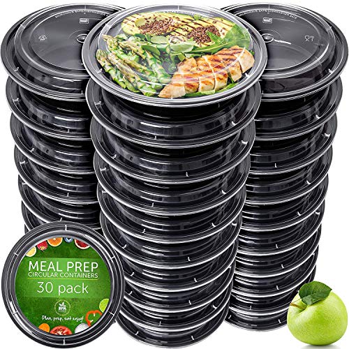 PrepNaturals 30 Pack Meal Prep Containers - 30 Pack of 24 Oz 100% BPA-free Plastic Food Storage Containers with Lids - Reusable Plastic Containers with Lids - Dishwasher Safe Lunch Containers - 30 Pack - Circular