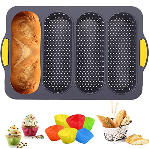 MUJUZE Silicone Loaf Pan Baking Pan for Baking French Baguettes/Hot Dog Buns, bread mold for baking with 6 Muffin Cups,Nonstick &Easy Clean&Heat Resistant Silicone Loaf Pan with Four-hole Baguette - Style 2