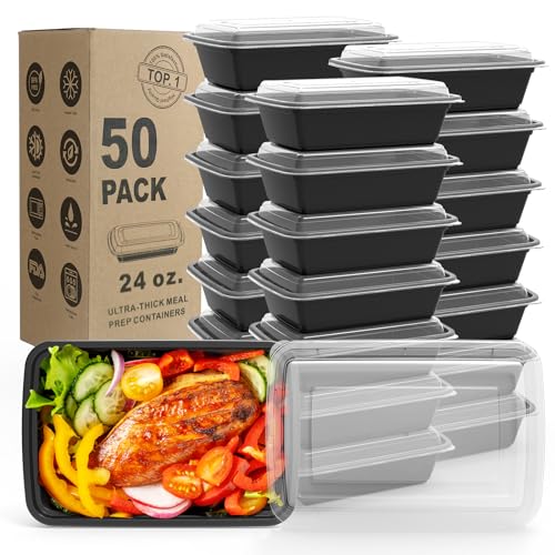 WGCC Meal Prep Containers, 50 Pack Extra-thick Food Storage Containers with Lids, Disposable & Reusable Plastic Bento Lunch Box, BPA Free, Stackable, Microwave/Dishwasher/Freezer Safe (24 oz) - 24OZ-50Pack