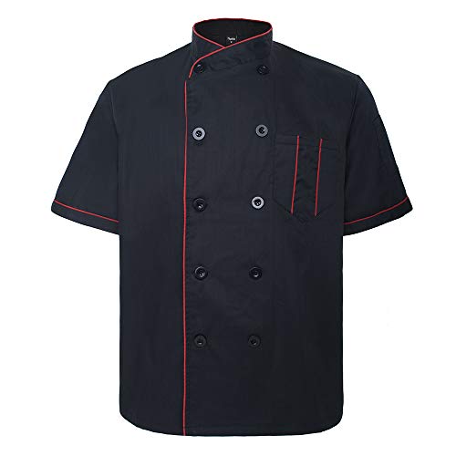 TopTie Unisex Short Sleeve Chef Coat Jacket - Large - Black With Red