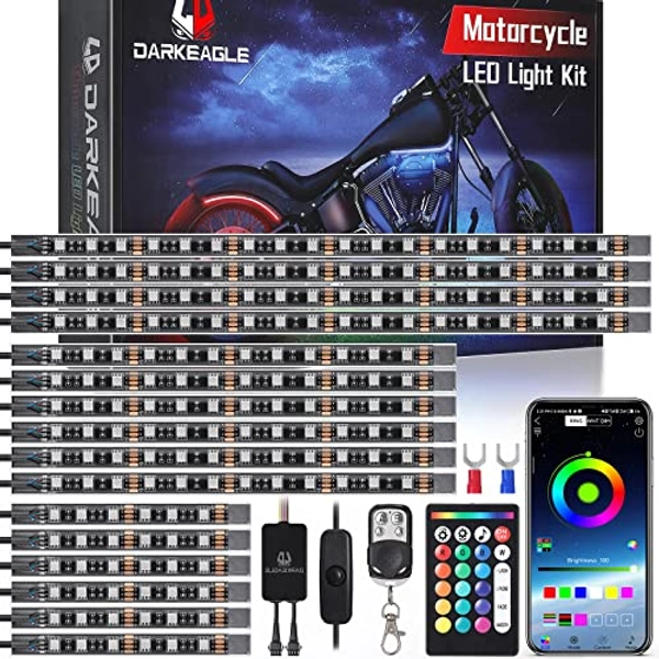 LD DARKEAGLE 16PCS Motorcycle RGB LED Light Kits with Brake Turn Signal, Underglow Lights with APP/RF Remote Dual Zone,Multicolor Waterproof 12V Neon Accent Ground Strip Lights for Harley Honda Yamaha