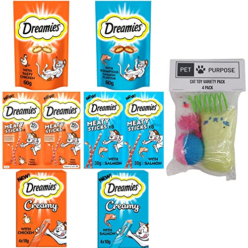 Dreamies Cat Treats Bundle | 2 Flavours, 3 Variations of each | Tasty Chicken & Delicious Salmon | 2x 60g Pouches, 12x Meaty Sticks, 8x Creamy's | 1x Pet Purpose Toy Variety Pack