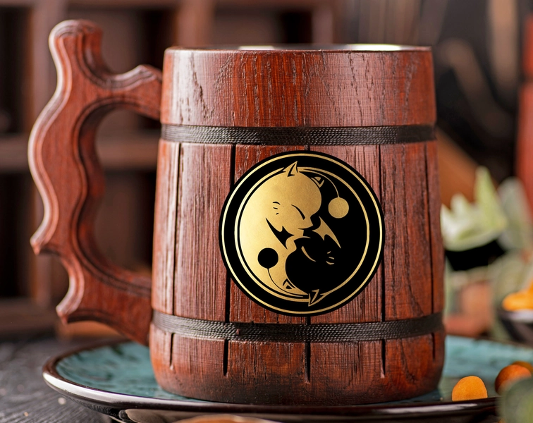 Final Fantasy Kupo Yin Yang Beer Stein Wooden Beer Mug Wooden Tankard Geek Gift for Gamer Personalized Gamer Gift For Him / Gift for Husband