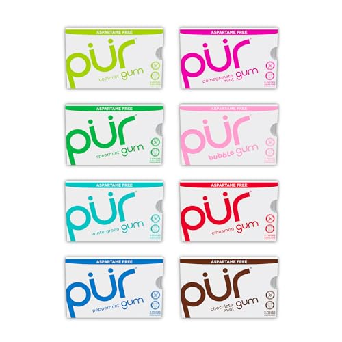 PUR Gum | Aspartame Free Chewing Gum | 100% Xylitol | Natural Flavored Gum, Variety Pack, 9 Pieces (Pack of 8) - Variety - 9 Count (Pack of 8)