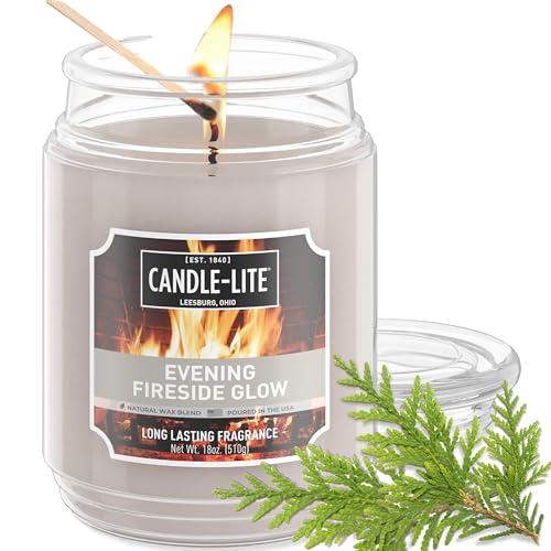CANDLE-LITE Scented Evening Fireside Glow Fragrance, One 18 oz. Single-Wick Aromatherapy Candle with 110 Hours of Burn Time, Off-White Color, Jar (Individual Box) - Evening Fireside Glow (NEW) - 18 oz