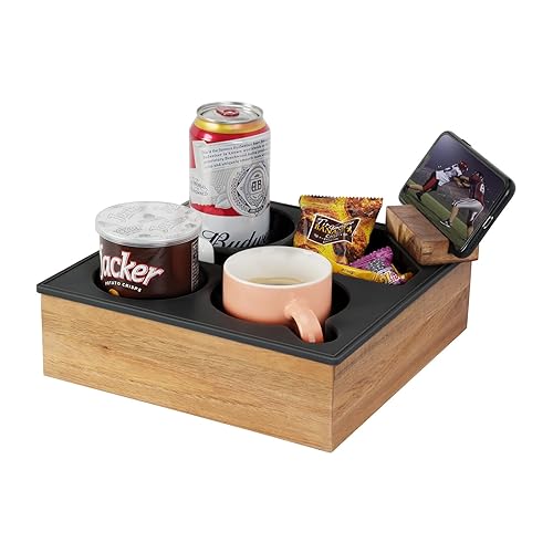 Couch Cup Holder Tray, Hitseon Soft Food Grade Silicone Acacia Wooden Couch Caddy for Bed Car Seat Beach Organizer, Waterproof Anti-Spill Couch Drink Holder for Snacks Beverage Remote (Black) - Black