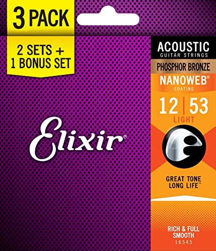 Elixir Strings 16545 Phosphor Bronze Acoustic Guitar Strings with Nanoweb Coating, Set of 3 Pieces - 3 Pack - Light (12-53)