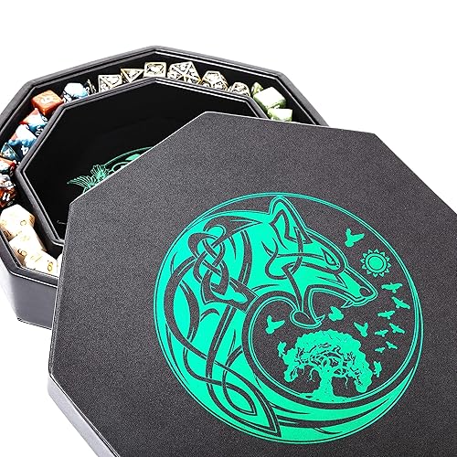 DND Dice Tray - Premium 8 Inch Tray for Dungeons and Dragons: Exquisitely Detailed Green World Tree & Wolf Raven Design - Perfect Rolling & Box Storage to Protect Your Dice for D&D and RPG - Green Wolf