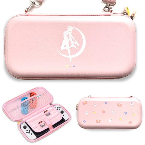 BelugaDesign Moon Switch Carrying Case | Pastel Hard Travel Shell Compatible with Nintendo Switch Lite OLED | Cute Moon Silhouette Heart Magic Bow Design (Pink) (Pink)