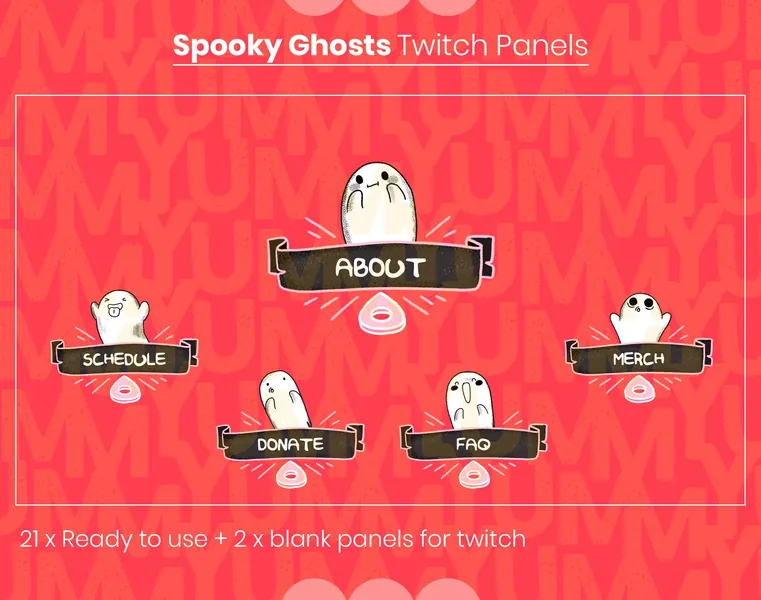 Spooky ghosts twitch panels ・ Crayon styled spooky and cute ・ Black and pink ・ Twitch and OBS streaming ・
