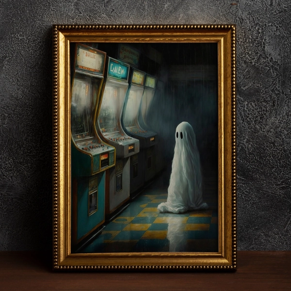 Ghost in an Abandoned Arcade, Nostalgia Poster, Art Poster Print, Dark Academia, Gothic Retro.