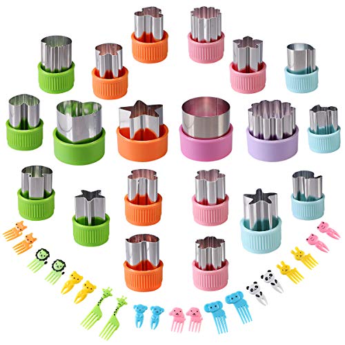 Vegetable Cutters Shapes Set, 20pcs Stainless Steel Mini Cookie Cutters, Vegetable Cutter and Fruit Stamps Mold + 20pcs Cute Cartoon Animals Food Picks and Forks -for Kids Baking and Food Supplement