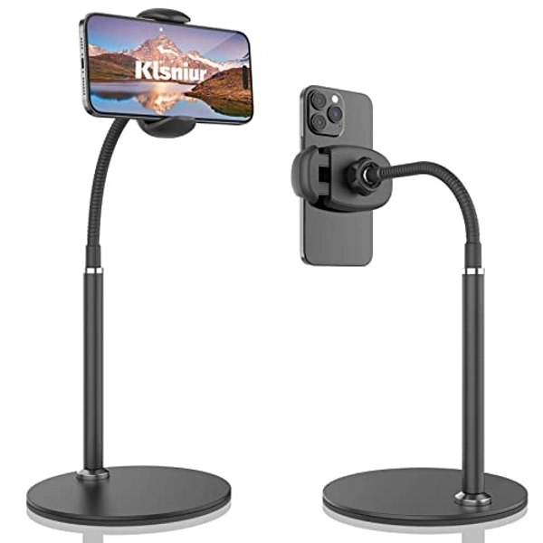 Cell Phone Stand, Adjustable Height & Angle Gooseneck Stand for Desk Flexible Arm Universal Holder, Aluminum Alloy Desktop Recording Compatible with 3.5"-7" Device (Black)