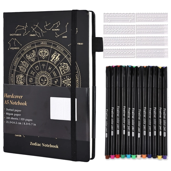 A5 Bullet Dotted Journal, Zodiac Constellations Hardcover Notebooks with 12 Colors Pen, 8 Sheets Hollow Stencil, 320 Pages Dotted Grid Paper with Strap Band, Pen Holder (Black)
