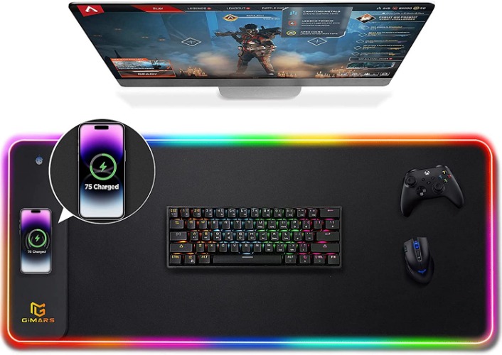 Gimars Gaming Mouse Pad with Wireless Charging, Extened Large 10W Fast Charging RGB Gaming Mouse Pad, 10 Colors LED Light, Premium Smooth Surface, Non Slip Desk Mat for Gaming, Mac, PC, Office - Black-RGB+Wireles Charging