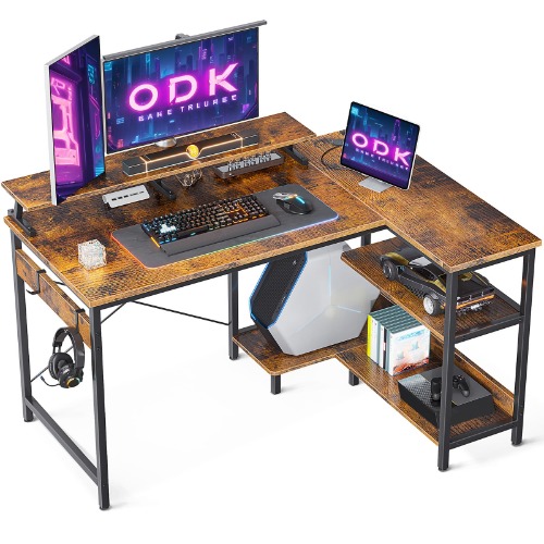 ODK Hörnskrivbord, vändbart L-format skrivbord med hylla, 120 x 80 x 88 cm, med långt bildskärmsstativ, spelbord med bokhylla, datorbord, L-form, för hemmakontor, brunt - brunt