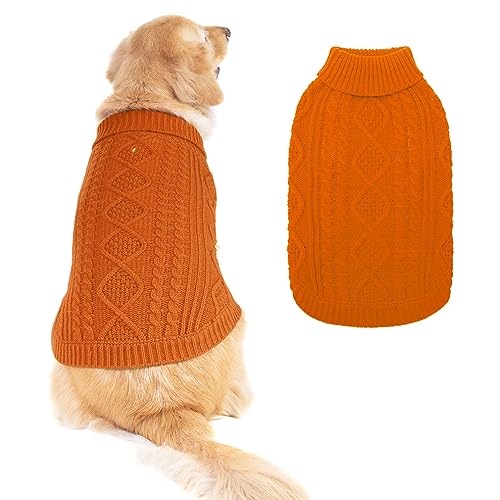 BINGPET Dog Knitted Sweaters - Turtleneck - Classic Cable Knit Dog Jumper Coat Warm Sweartershirts Outfits for Dogs Cats in Autumn Winter - Large - Orange