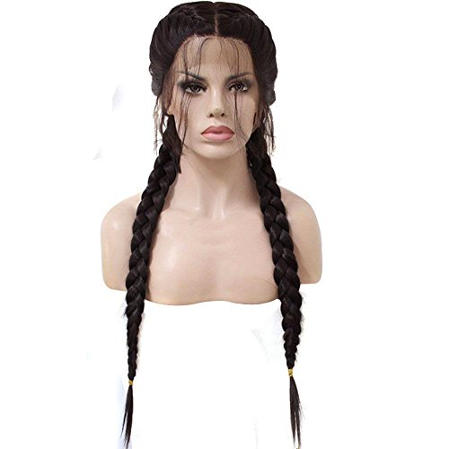 Anogol Hair Cap+Long Double Braids 2# Natural Black Synthetic Braided Lace Front Wig with Baby Hair Wigs Heat Resistant Fiber Middle Part - Black